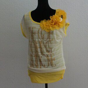 Yellow and white floral short sleeve top, with rose, pearl and shiny beads detai